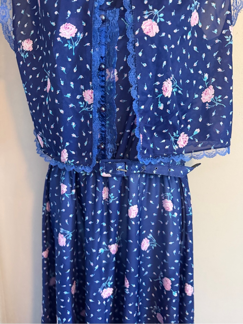 Sears Vintage Floral Lace Sheer Capelet Sundress Belted Navy Blue M - Picture 3 of 8